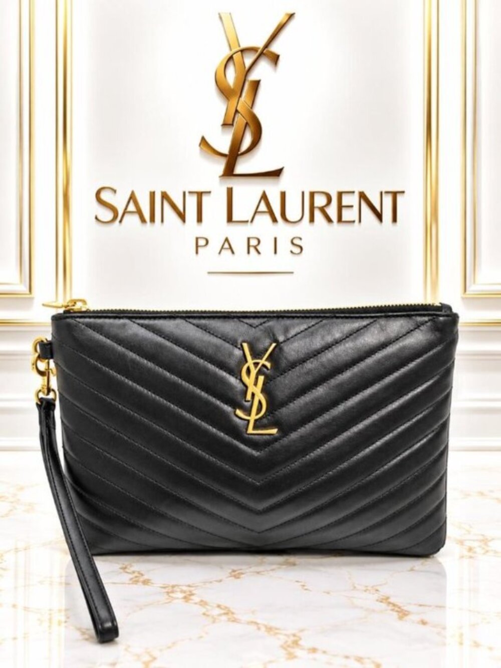 Authentic Saint Laurent YSL Monogram Chevron Quilted Leather Wristlet Clutch